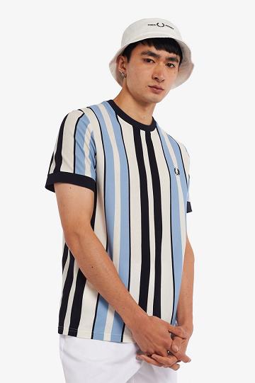 White Fred Perry Vertical Stripe Piqué Men's T Shirts | PH 1797MQZA